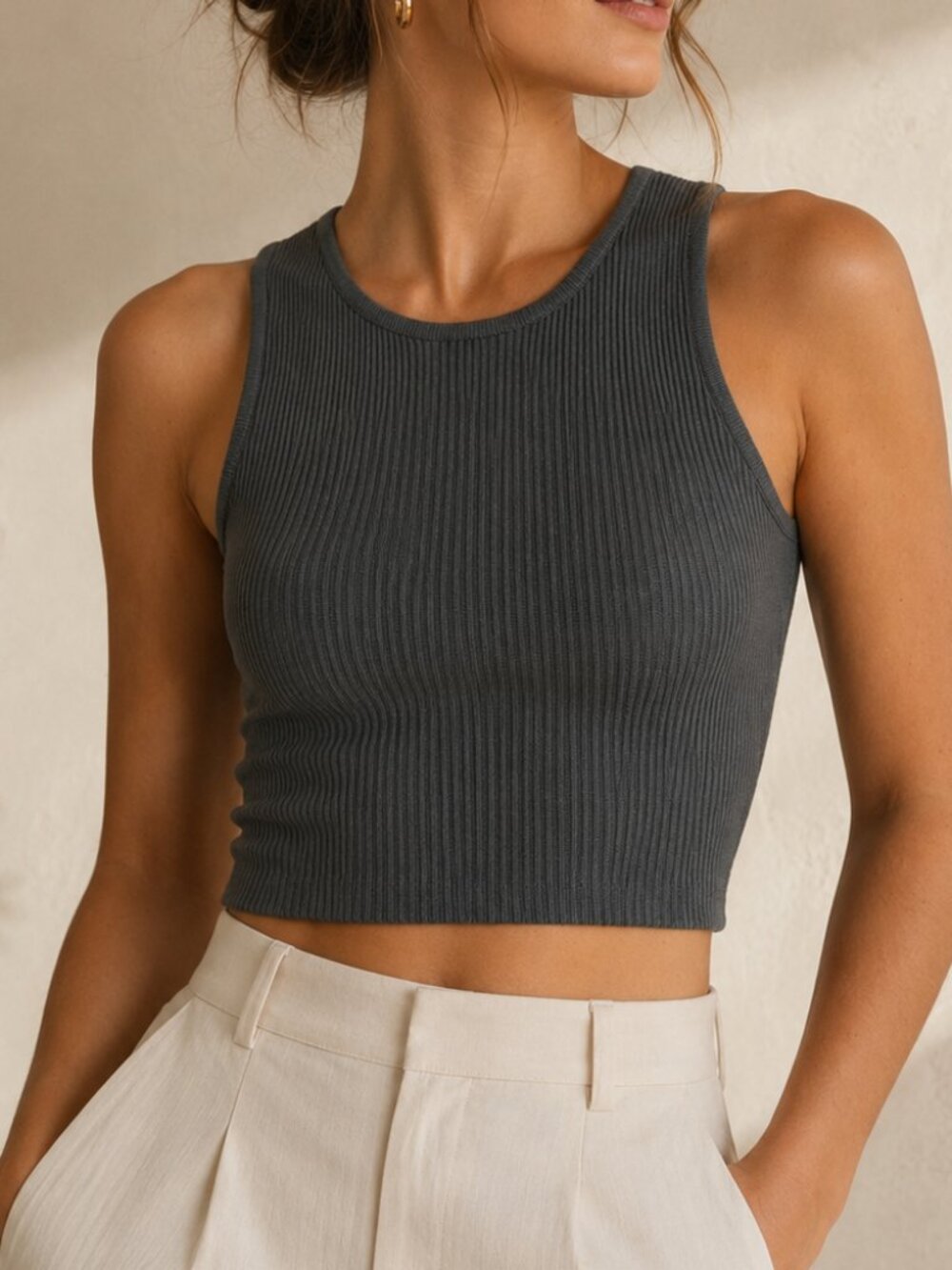 Aritzia Babaton Sculpt Knit Racer Tank Gray Ribbed Cropped Bodycon S